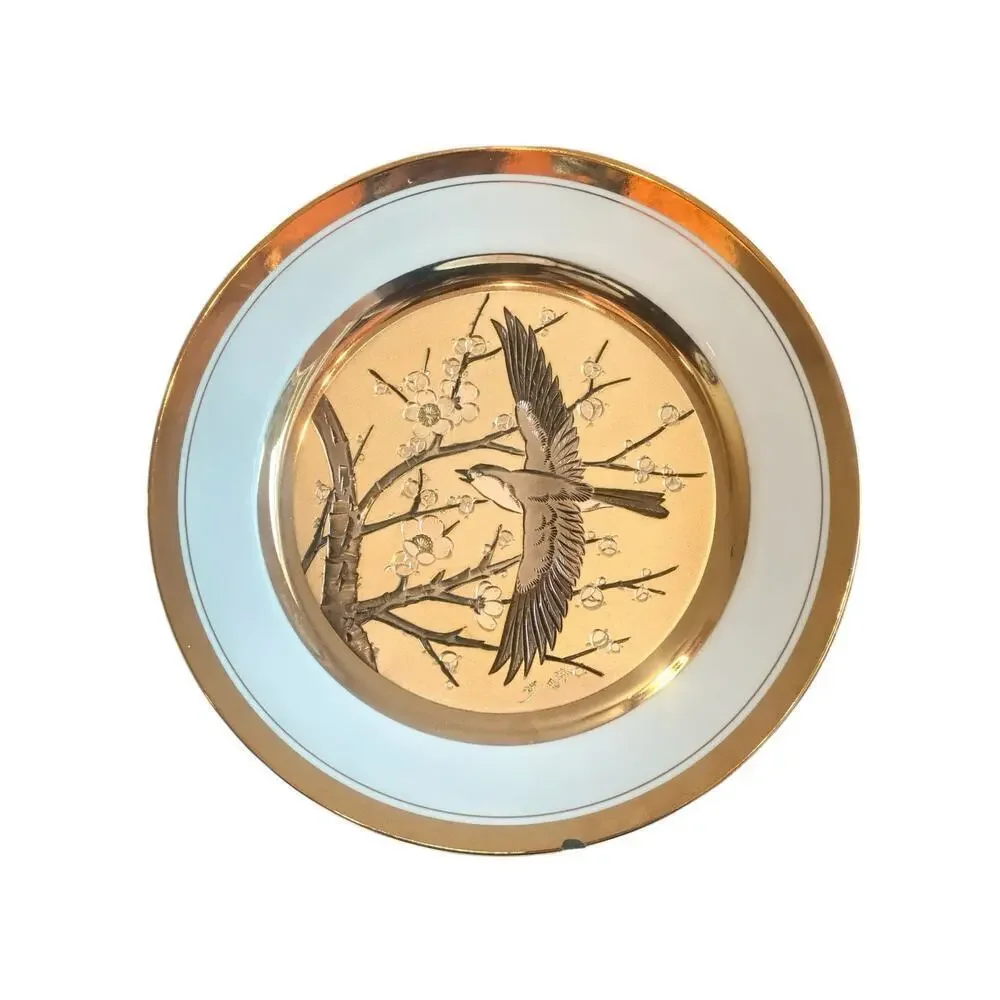 LAL Japan Chokin Art Plate Bird & Cherry Blossoms – Gold & Silver Trim – PL-02